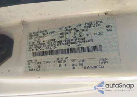 2007 Ford E-350 Super Duty Commercial/Recreational z USA, uszkodzony, nr VIN 1FTSE34L77DB19196